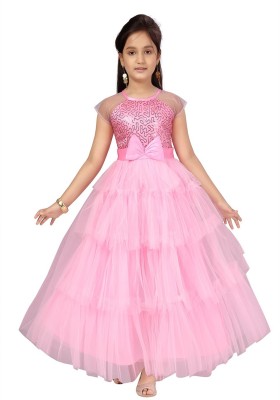 MUHURATAM Indi Girls Maxi/Full Length Party Dress(Pink, Fashion Sleeve)