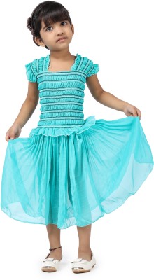 EAGLEBUZZ Baby Girls Below Knee Casual Dress(Blue, Short Sleeve)