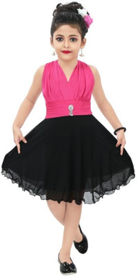 QFF Girls Midi/Knee Length Party Dress(Pink, Sleeveless)