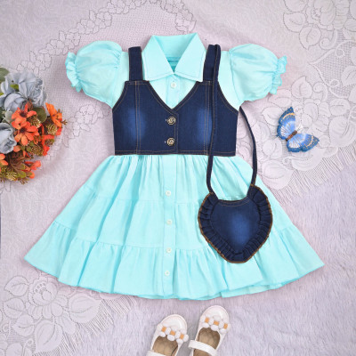 GESICA FASHION Girls Below Knee Festive/Wedding Dress(Light Blue, Short Sleeve)