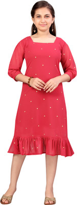 Kidotsav Indi Girls Below Knee Casual Dress(Pink, 3/4 Sleeve)