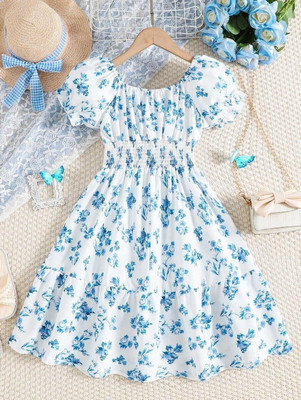 Ethit Indi Girls Midi/Knee Length Party Dress(Blue, Half Sleeve)