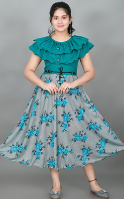 A M ENTERPRISE Girls Calf Length Casual Dress(Green, Grey, Fashion Sleeve)