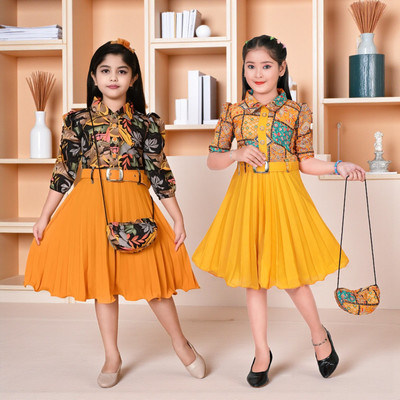 HALDER Girls Midi/Knee Length Casual Dress(Yellow, Half Sleeve)