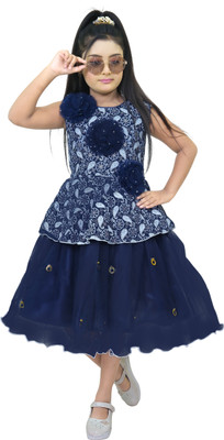 STAJMINADRESSES Girls Below Knee Festive/Wedding Dress(Blue, Sleeveless)