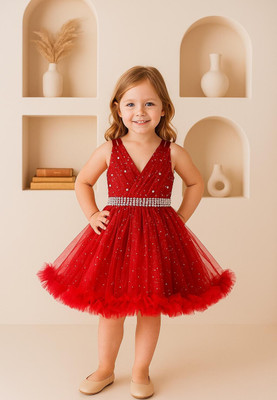 GLEAMGRACE Baby Girls Midi/Knee Length Party Dress(Red, Sleeveless)