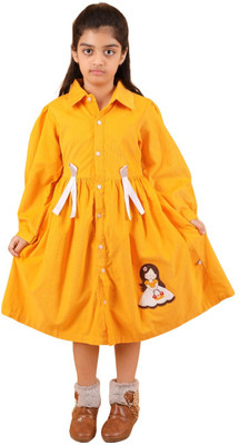 CALYX CLOTHING Indi Girls Midi/Knee Length Casual Dress(Yellow, Full Sleeve)