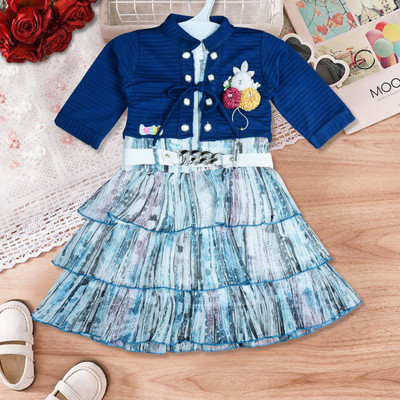 Worton Fashion Baby Girls Below Knee Party Dress(Dark Blue, 3/4 Sleeve)
