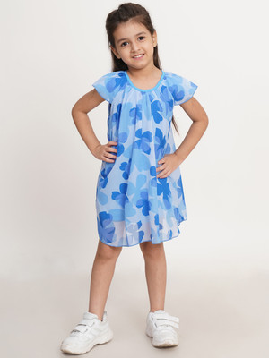 HERE&NOW Baby Girls Midi/Knee Length Casual Dress(Blue, Short Sleeve)