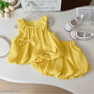 salma Baby Girls Mini/Short Festive/Wedding Dress(Yellow, Sleeveless)