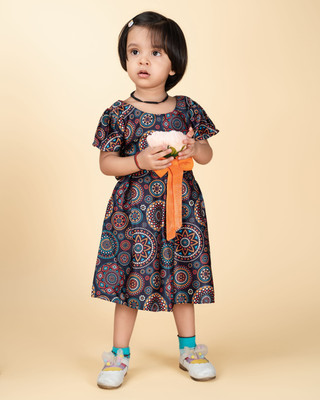 Royal View Indi Girls Midi/Knee Length Casual Dress(Black, Short Sleeve)