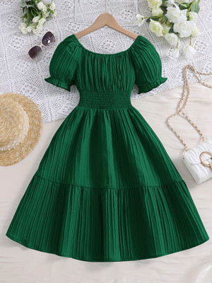 Ethit Indi Girls Midi/Knee Length Casual Dress(Green, Short Sleeve)