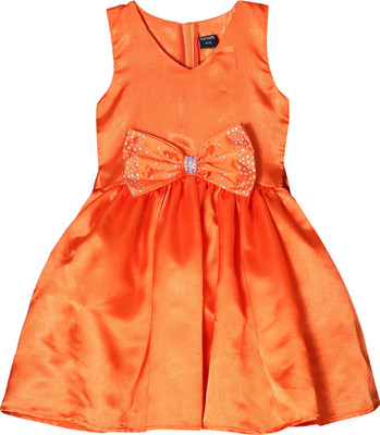 Shahina Fashion Girls Midi/Knee Length Party Dress(Orange, Sleeveless)