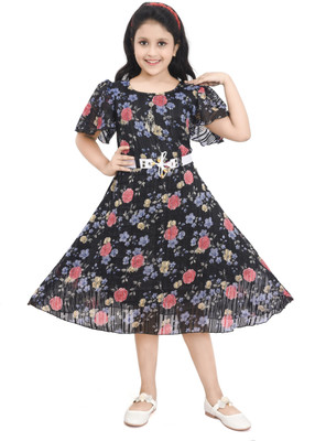 S KAY FASHION Indi Girls Midi/Knee Length Casual Dress(Black, Short Sleeve)