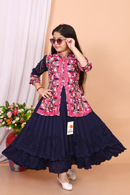 Smsarful Girls Maxi/Full Length Party Dress(Pink, Dark Blue, Half Sleeve)