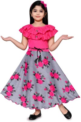 RAHUL MULLICK Girls Maxi/Full Length Festive/Wedding Dress(Pink, Short Sleeve)