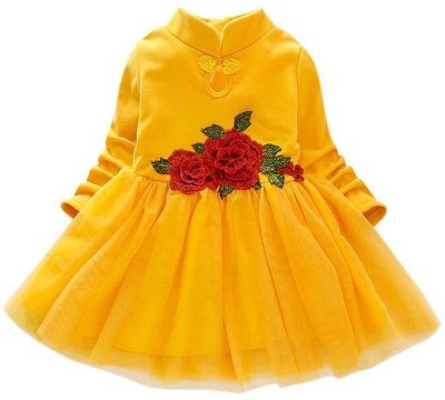 Mullick the designer Girls Below Knee Party Dress(Yellow, Full Sleeve)