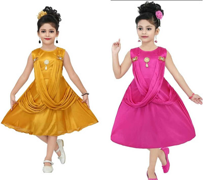 Mullick the designer Indi Girls Midi/Knee Length Casual Dress(Pink, Sleeveless)