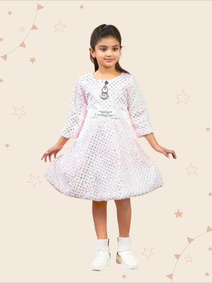 Kidotsav Indi Girls Midi/Knee Length Party Dress(Orange, 3/4 Sleeve)