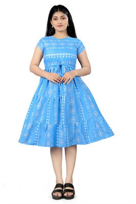 Njushxa Indi Girls Midi/Knee Length Festive/Wedding Dress(Blue, Short Sleeve)