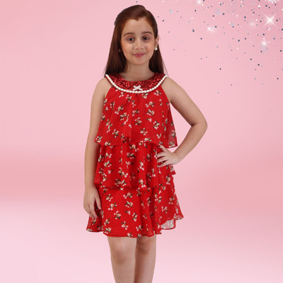 Cutecumber Girls Midi/Knee Length Party Dress(Red, Sleeveless)