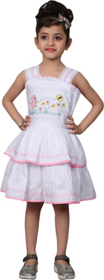 SKY HEIGHTS Girls Midi/Knee Length Casual Dress(White, Sleeveless)