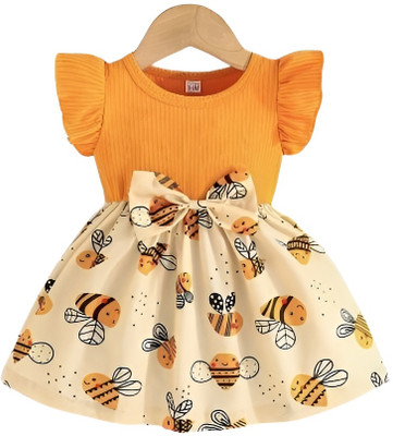 Gebet Baby Girls Midi/Knee Length Casual Dress(Orange, Beige, Short Sleeve)