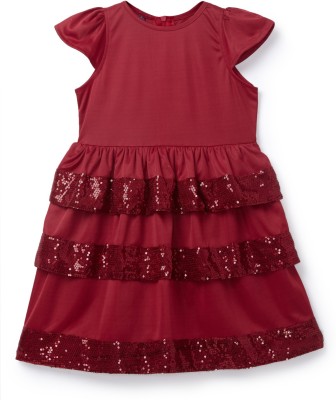 K&U Girls Midi/Knee Length Casual Dress(Maroon, Cap Sleeve)