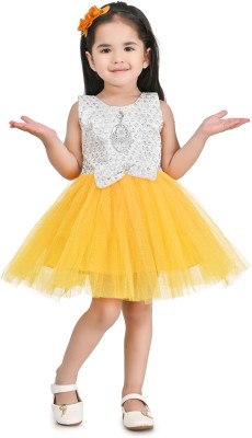 Super Kolkata Indi Girls Midi/Knee Length Party Dress(Yellow, Sleeveless)