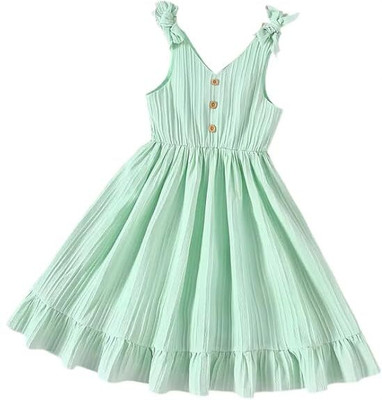 DHYANAM Indi Girls Midi/Knee Length Festive/Wedding Dress(Green, Sleeveless)