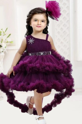 Bhimshankar Fashion Shop Girls Below Knee Party Dress(Purple, Fashion Sleeve)