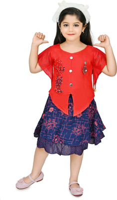 R.D.FASHION Girls Below Knee Festive/Wedding Dress(Red, Short Sleeve)