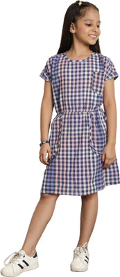 TOMMODA Girls Midi/Knee Length Casual Dress(Blue, Short Sleeve)