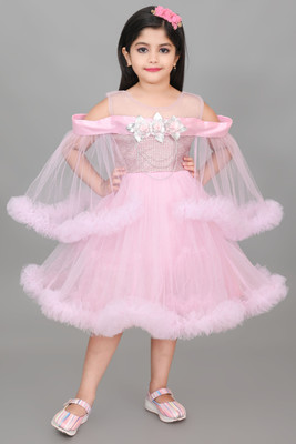 pampa fashion Indi Girls Below Knee Party Dress(Pink, Full Sleeve)