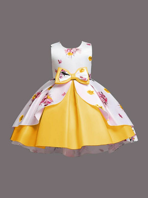 Amavya Fashion Girls Midi/Knee Length Party Dress(Yellow, Sleeveless)