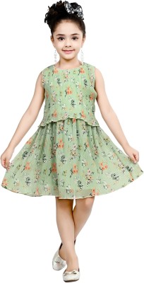Arshia Fashions Girls Midi/Knee Length Casual Dress(Green, Sleeveless)