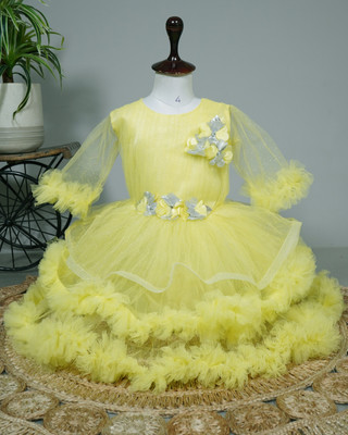 RKTM Girls Below Knee Festive/Wedding Dress(Yellow, 3/4 Sleeve)