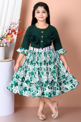 mallick creation Girls Below Knee Party Dress(Green, 3/4 Sleeve)