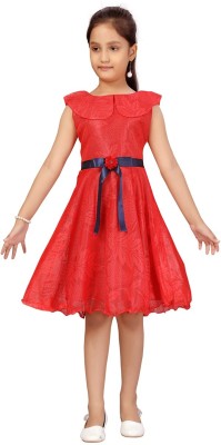 Yk Girls Midi/Knee Length Party Dress(Red, Sleeveless)