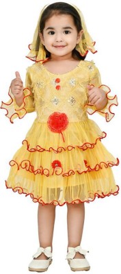 Rayhanfashion Girls Midi/Knee Length Casual Dress(Yellow, Sleeveless)
