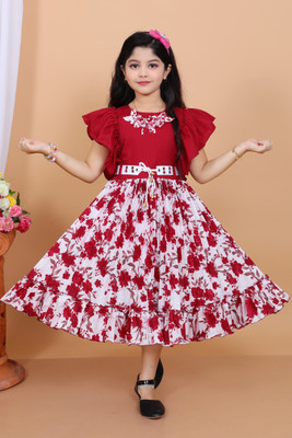 NAIMUDDIN DRESSES Girls Below Knee Party Dress(Maroon, White, Fashion Sleeve)