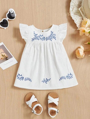 RANU FASHION Indi Girls Midi/Knee Length Party Dress(White, Short Sleeve)