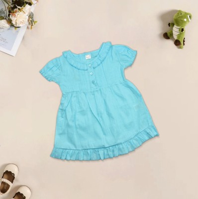 happykid Baby Girls Below Knee Casual Dress(Blue, Short Sleeve)