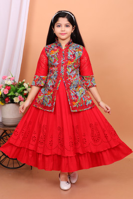 Mdmongaldresses Girls Maxi/Full Length Party Dress(Red, 3/4 Sleeve)
