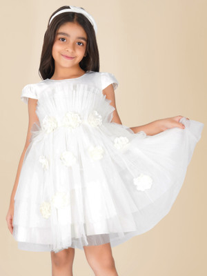 HEREANDNOW Girls Midi/Knee Length Party Dress(White, Cap Sleeve)