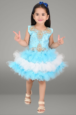 SHAW ENTERPRISE Girls Midi/Knee Length Party Dress(Blue, Sleeveless)