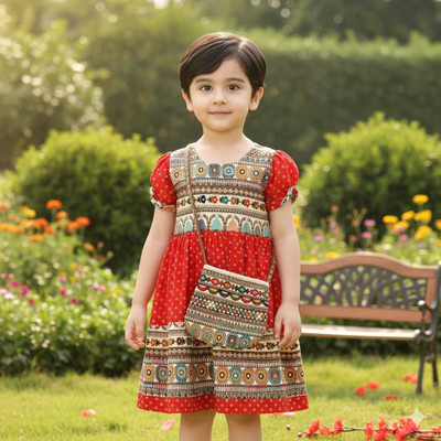 KGN FASHION Indi Girls Midi/Knee Length Festive/Wedding Dress(Red, Short Sleeve)