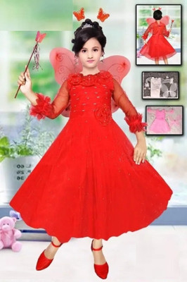 HouseOfCommon Girls Maxi/Full Length Party Dress(Red, 3/4 Sleeve)
