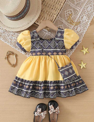 MISCHIF FASHION Baby Girls Midi/Knee Length Party Dress(Yellow, Short Sleeve)