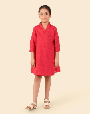 Fabindia Indi Girls Midi/Knee Length Casual Dress(Pink, 3/4 Sleeve)